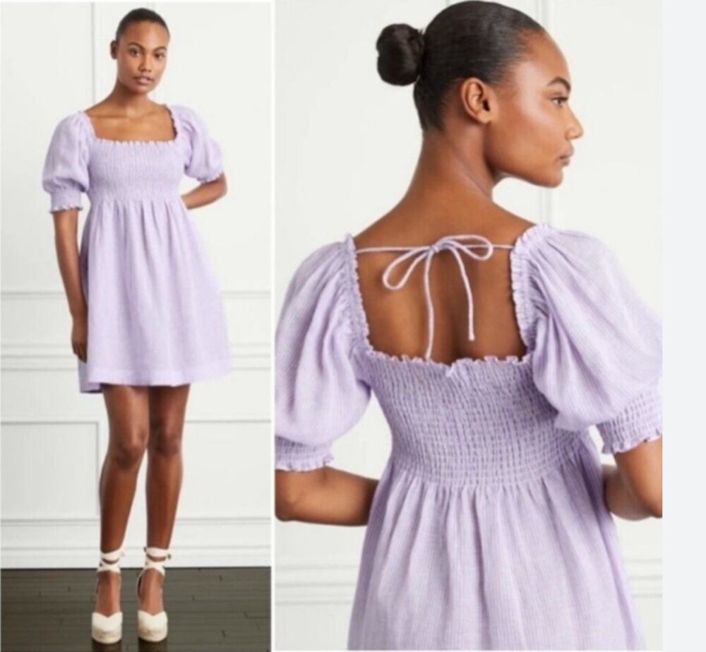 Hill House Athena Lilac Purple Striped Linen Nap Dress Large